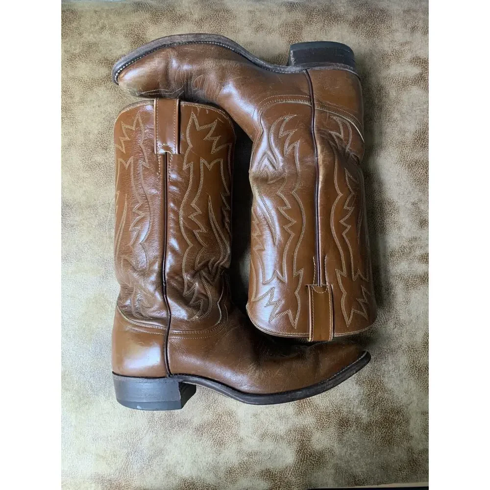 Vintage Justin Boots Mens 7 1/2 D Brown Leather Embroidered Cowboy Western 2909